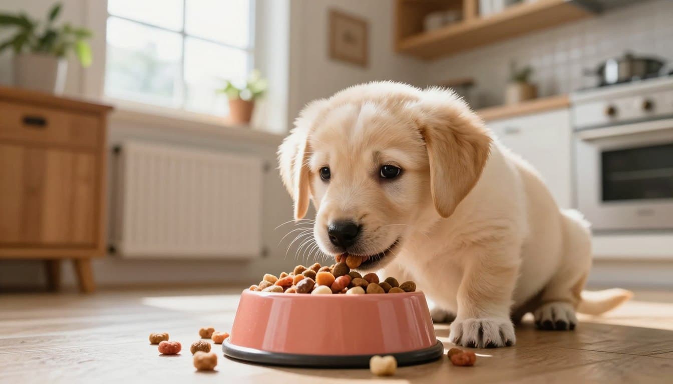 dog eating cat food